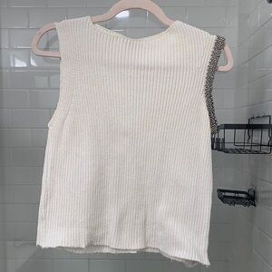 Zara Off White Knit Tank Top with Silver Beaded + Rhinestone Detail